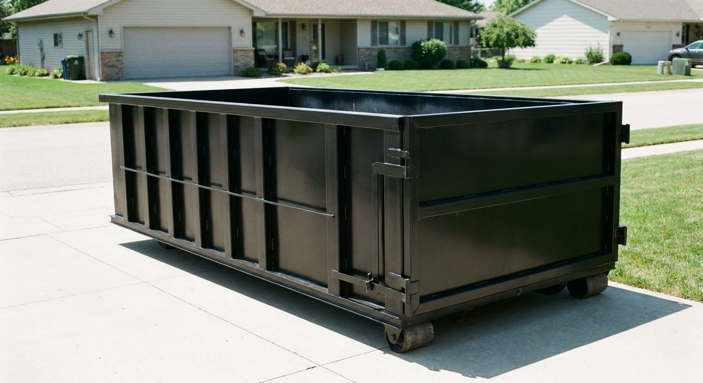 Matte-black 10-yard roll-off dumpster on a residential concrete driveway in Whittier, uniformly painted matte black across every panel and rail, ribbed steel sidewalls and rear swing door visible, mid-day daylight.