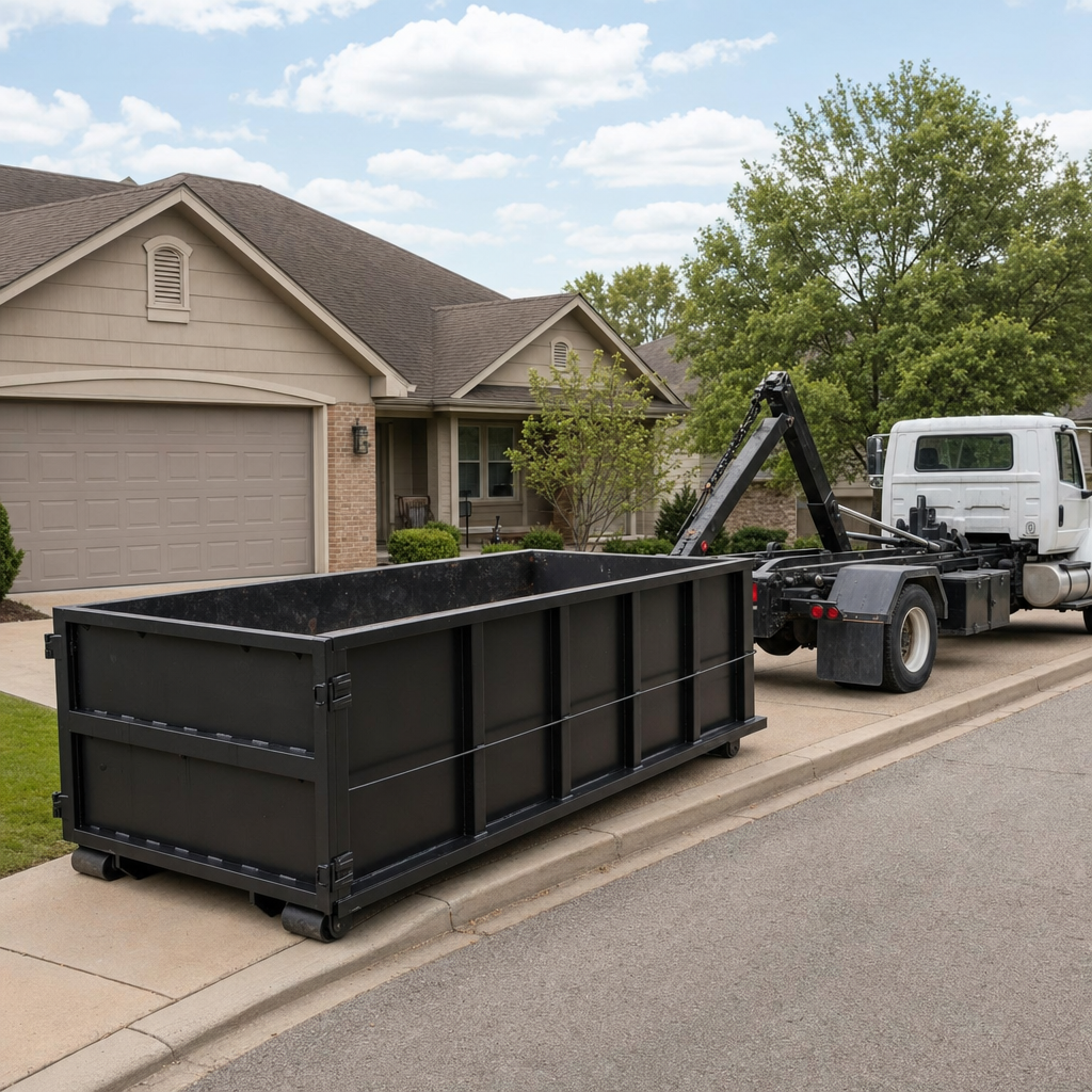 Wide documentary shot of a matte-black roll-off dumpster on a Whittier residential driveway in the foreground and a contractor jobsite container in the soft-focus background, bright daylight, calm and orderly composition.