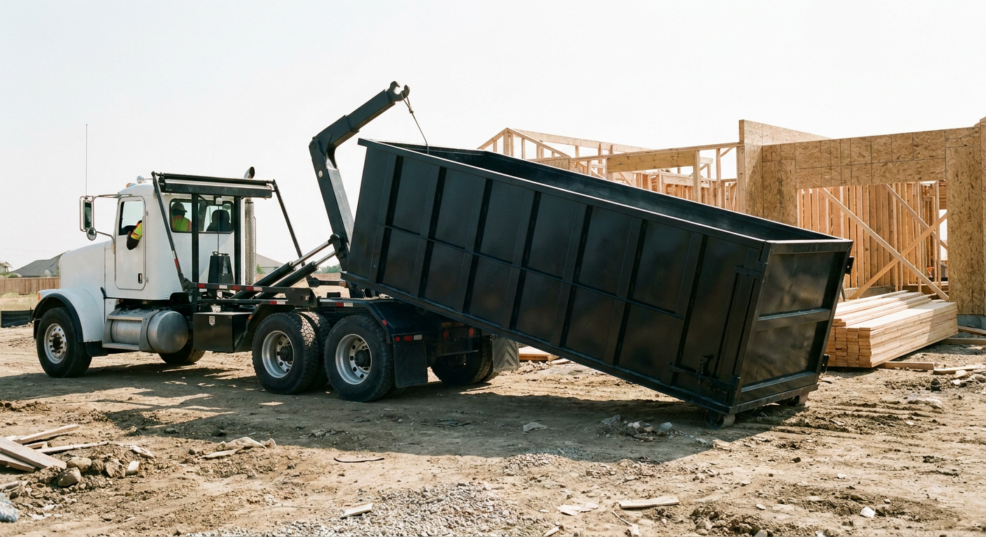 Matte-black roll-off dumpster being delivered onto a clean residential concrete driveway in Whittier by an unmarked white hooklift hauler truck, bright morning daylight, documentary 35mm perspective.